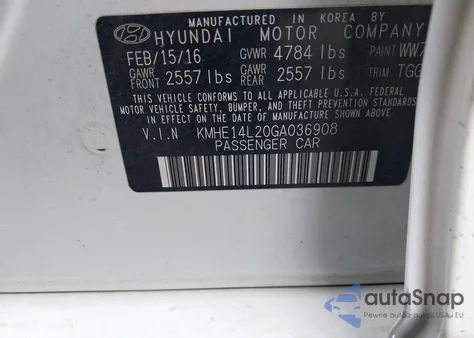 2016 Hyundai Sonata Plug-In Hybrid z USA, uszkodzony, nr VIN KMHE14L20GA036908